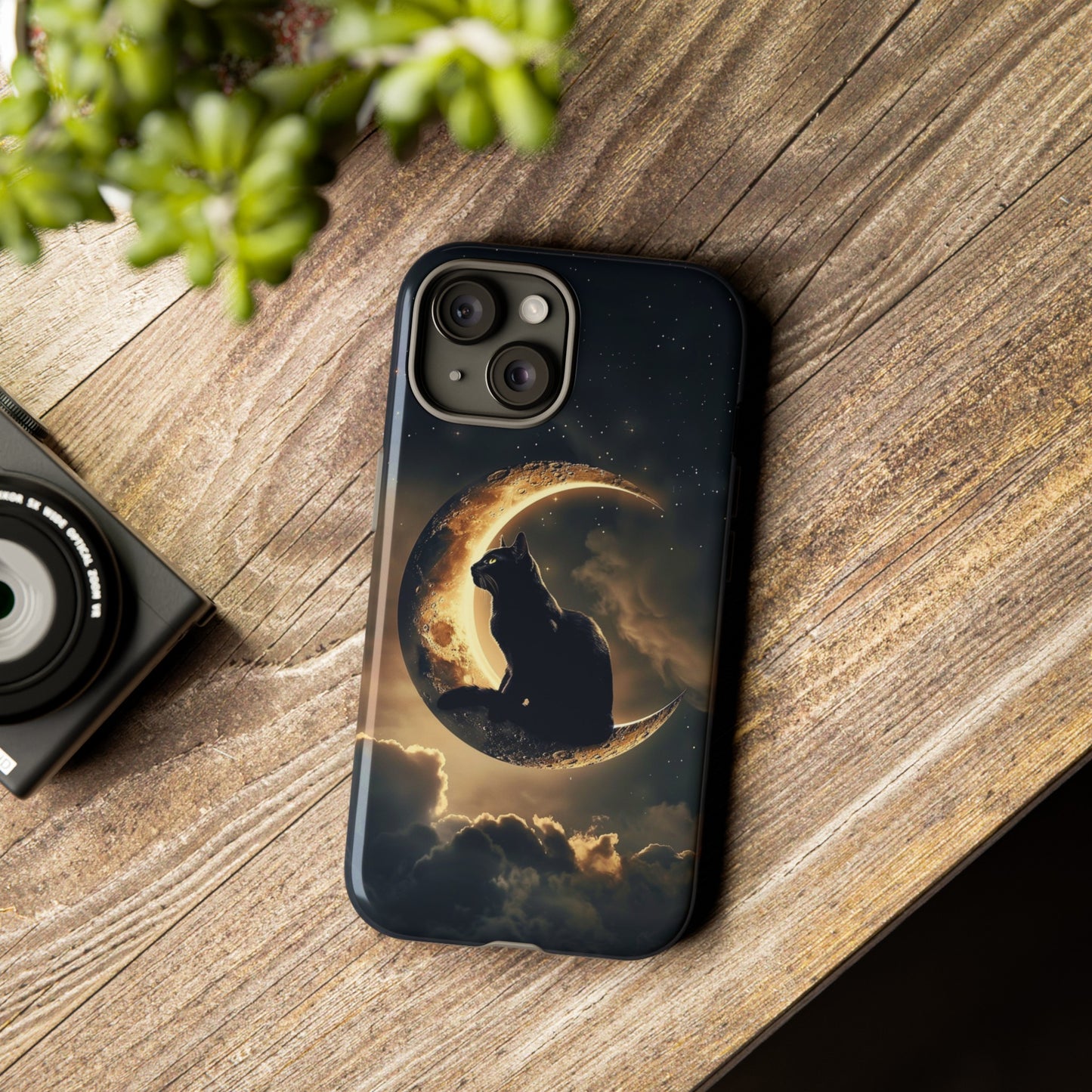 Black Cat on Crescent Moon Phone Case - Mystical Night Sky Design for iPhone, Samsung Galaxy, and Google Pixel Devices