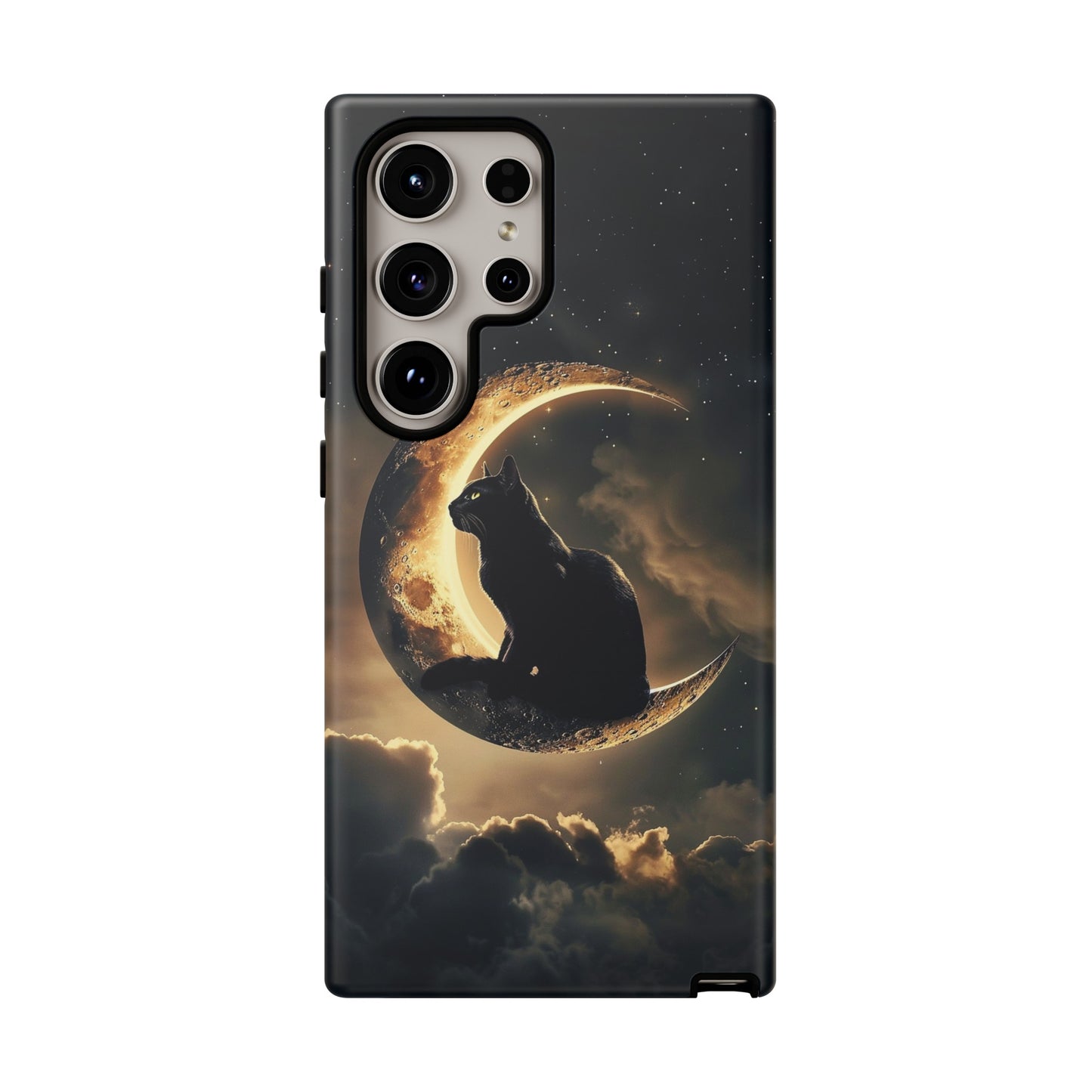 Black Cat on Crescent Moon Phone Case - Mystical Night Sky Design for iPhone, Samsung Galaxy, and Google Pixel Devices