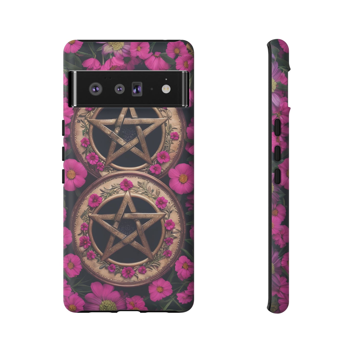 Pentacles in Pink Flowers Tough Phone Case – Mystical Floral Design for iPhone, Samsung Galaxy, and Google Pixel Devices