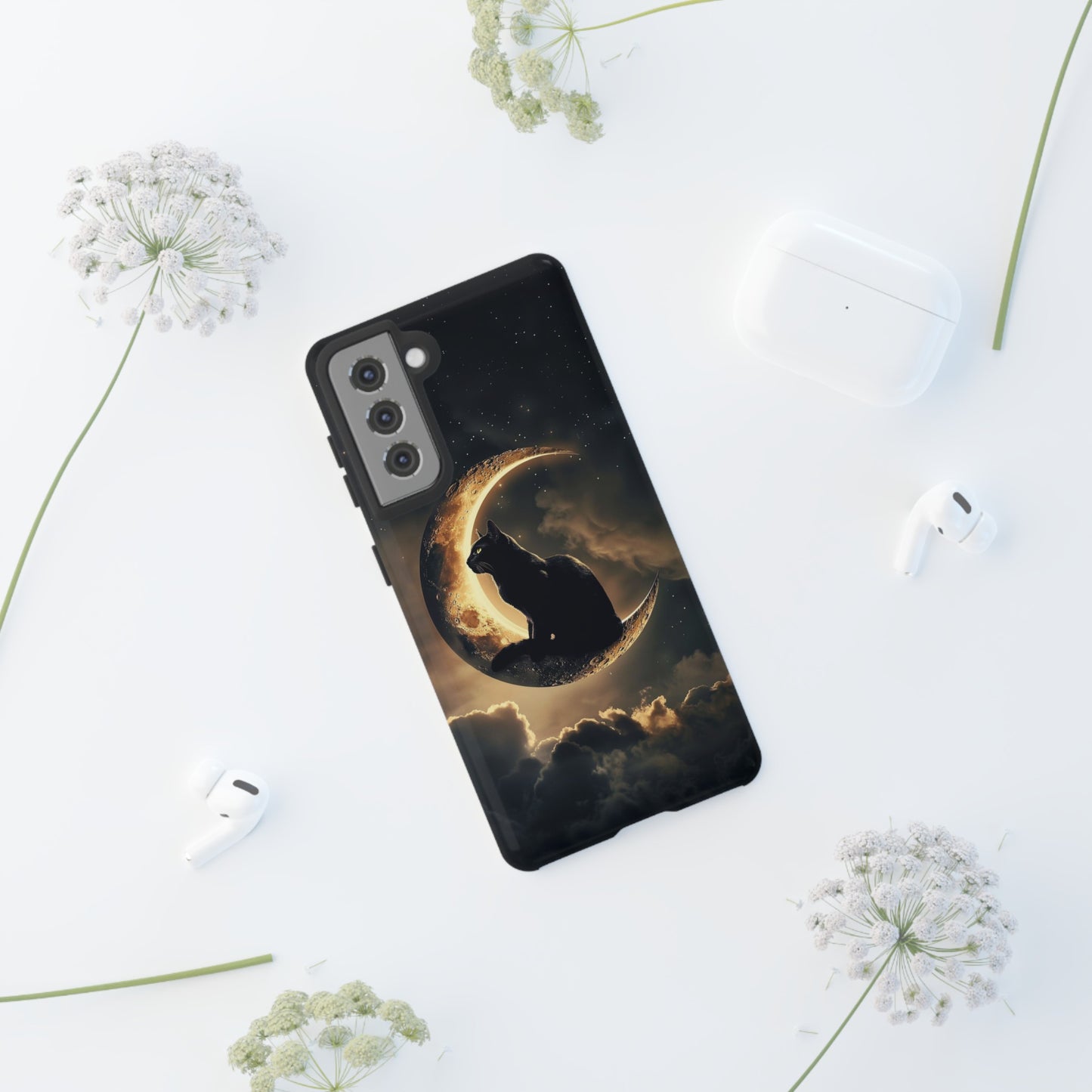 Black Cat on Crescent Moon Phone Case - Mystical Night Sky Design for iPhone, Samsung Galaxy, and Google Pixel Devices