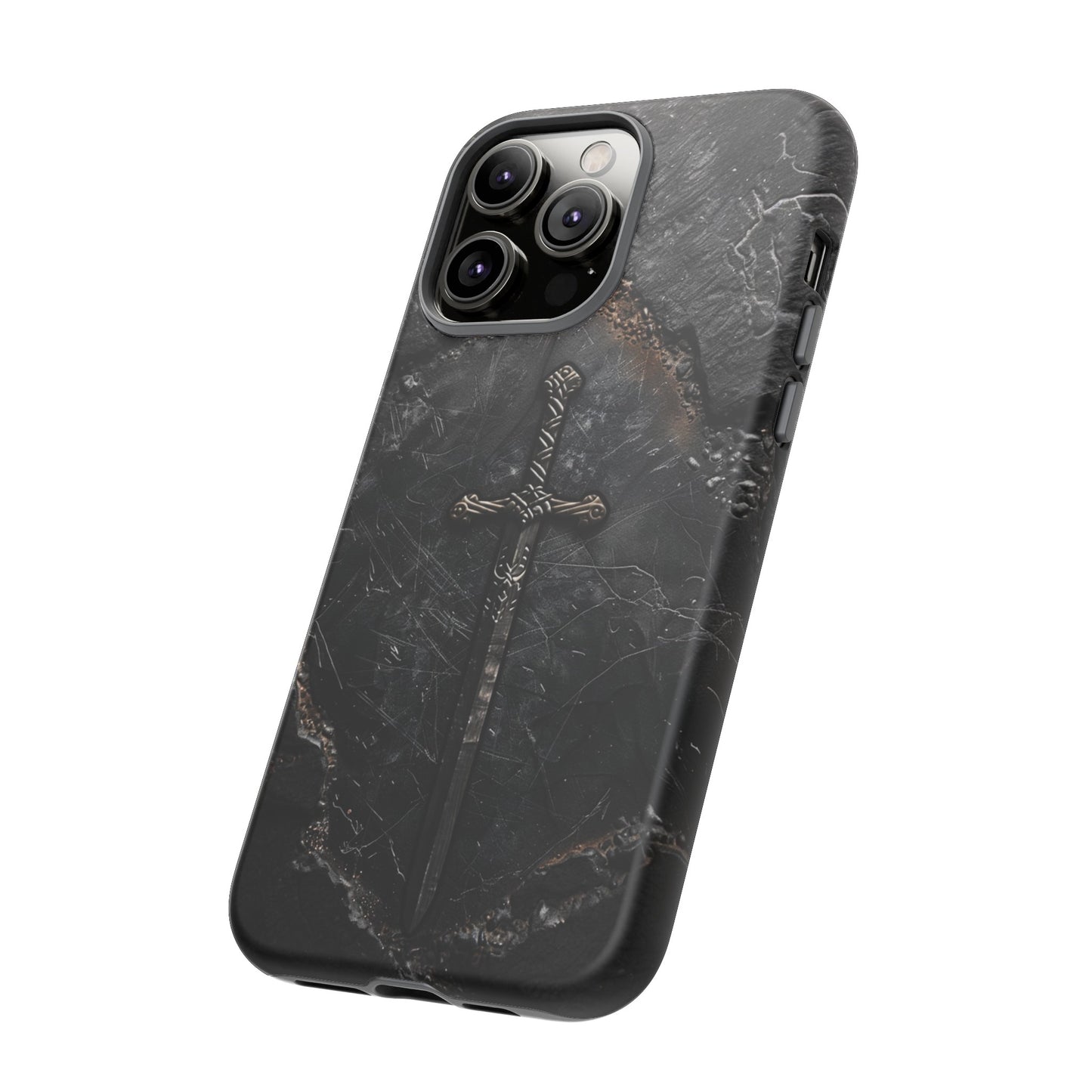 Medieval Sword Phone Case - Elegant Blade Design on Dark Stone Background for iPhone, Samsung Galaxy, and Google Pixel Devices