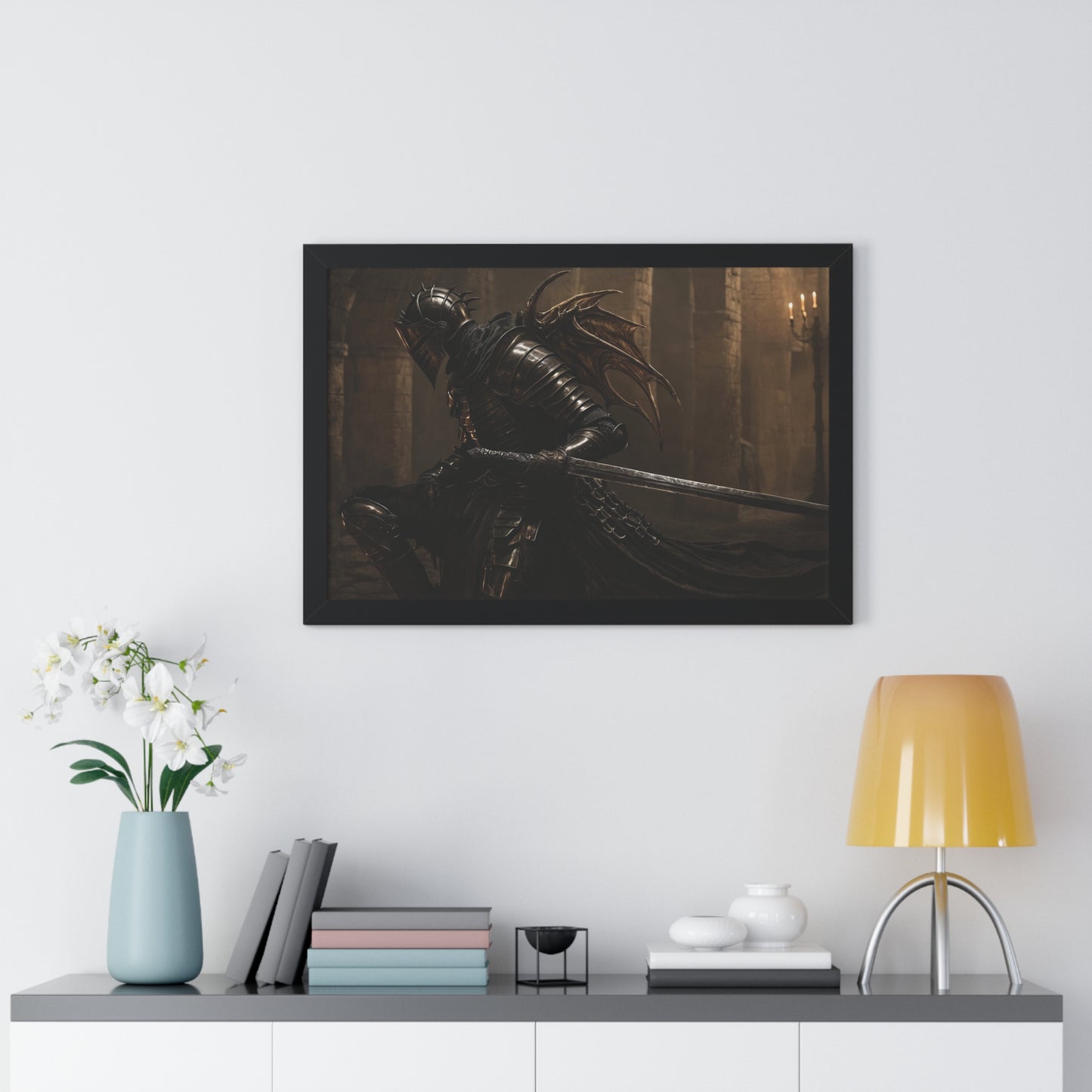 Framed Poster of a Dark Gothic Knight in Candlelit Medieval Castle - Fantasy Wall Art Decor