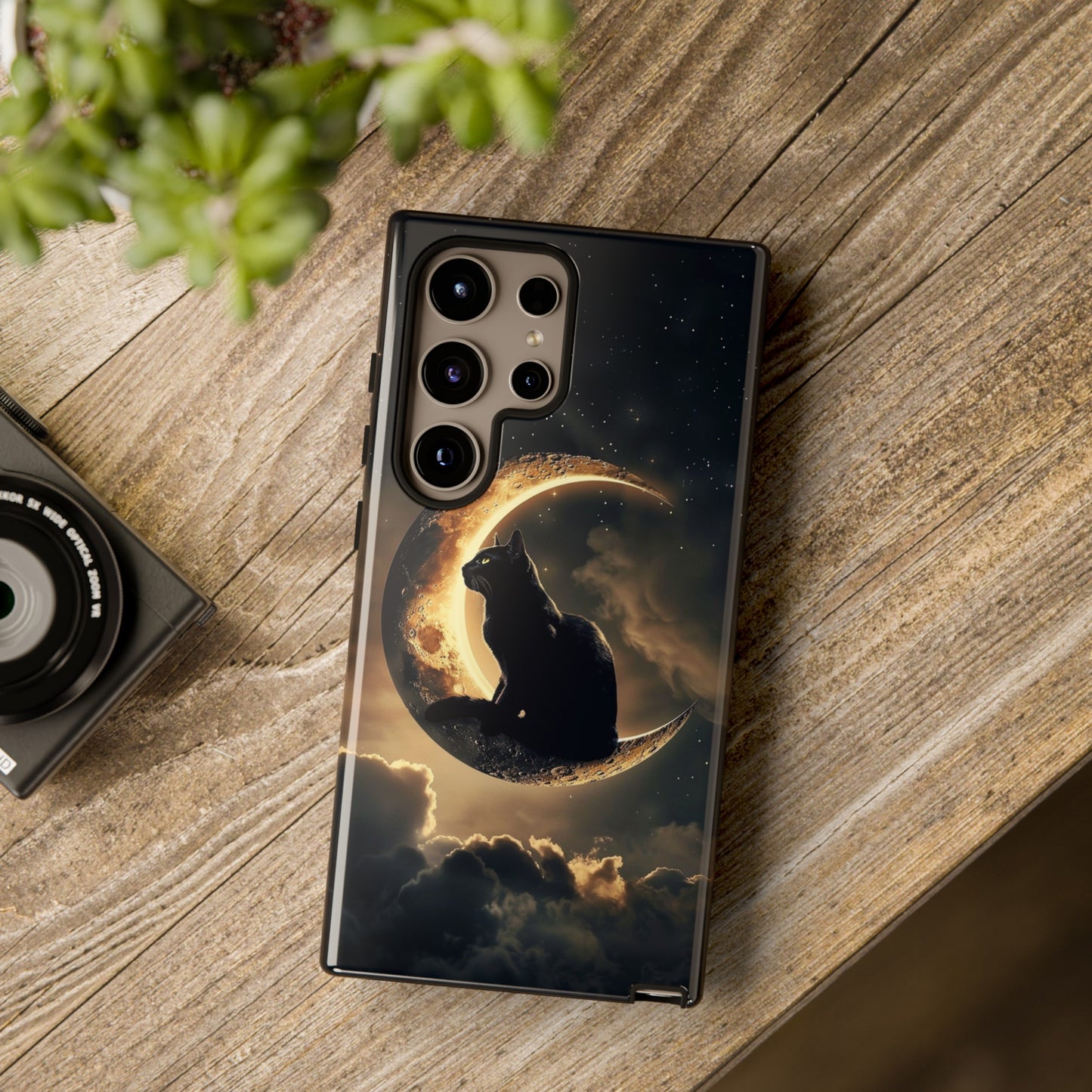 Black Cat on Crescent Moon Phone Case - Mystical Night Sky Design for iPhone, Samsung Galaxy, and Google Pixel Devices