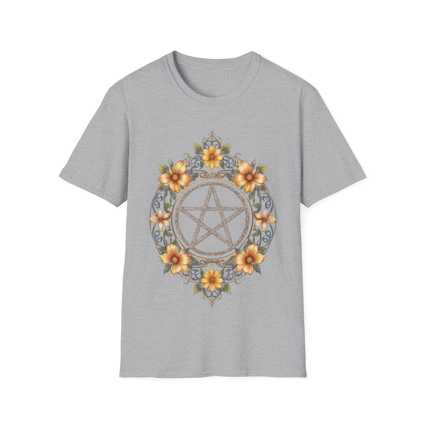 Pentacle Flower T-Shirt – Mystical Floral Pentagram Design for Wiccan and Pagan Fashion