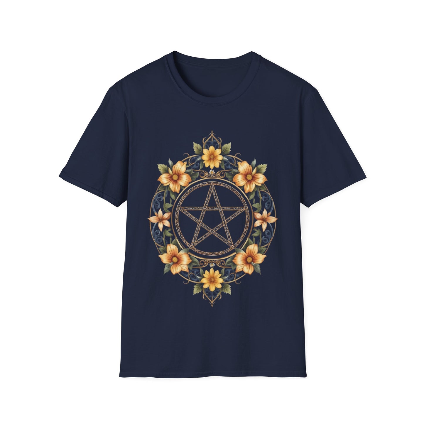 Pentacle Flower T-Shirt – Mystical Floral Pentagram Design for Wiccan and Pagan Fashion