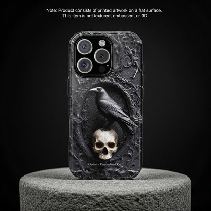 Gothic Raven and Skull Phone Case - Dark Baroque Style with Optional Personalized Text (MATTE VERSION)