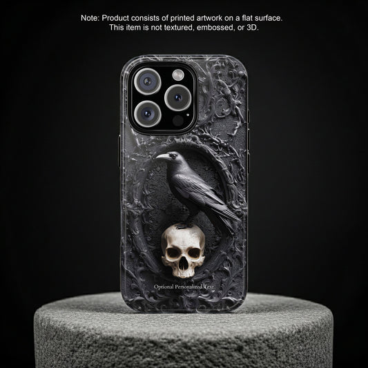 Gothic Raven and Skull Phone Case - Dark Baroque Style with Optional Personalized Text (GLOSSY VERSION)