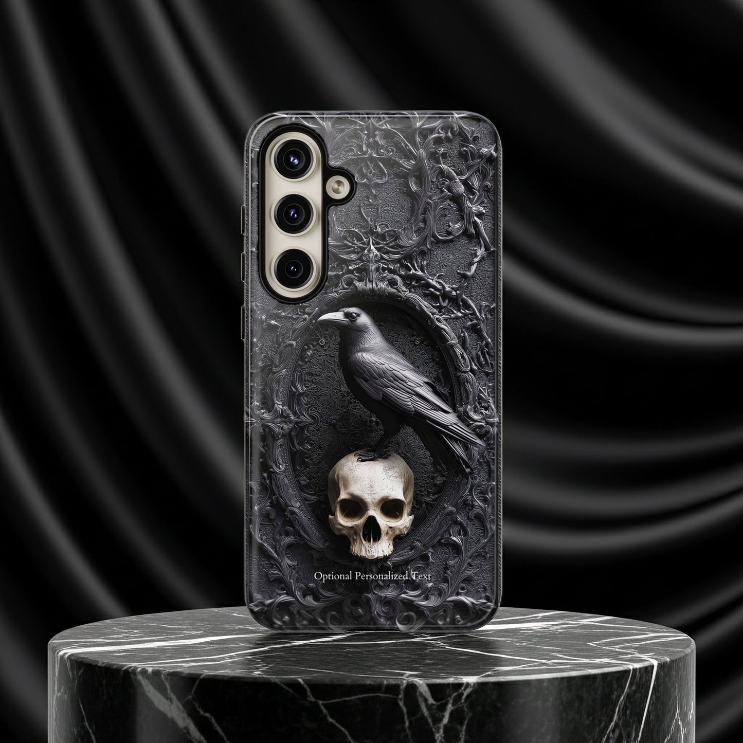 Gothic Raven and Skull Phone Case - Dark Baroque Style with Optional Personalized Text (MATTE VERSION)