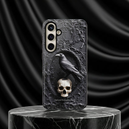 Gothic Raven and Skull Phone Case - Dark Baroque Style with Optional Personalized Text (GLOSSY VERSION)