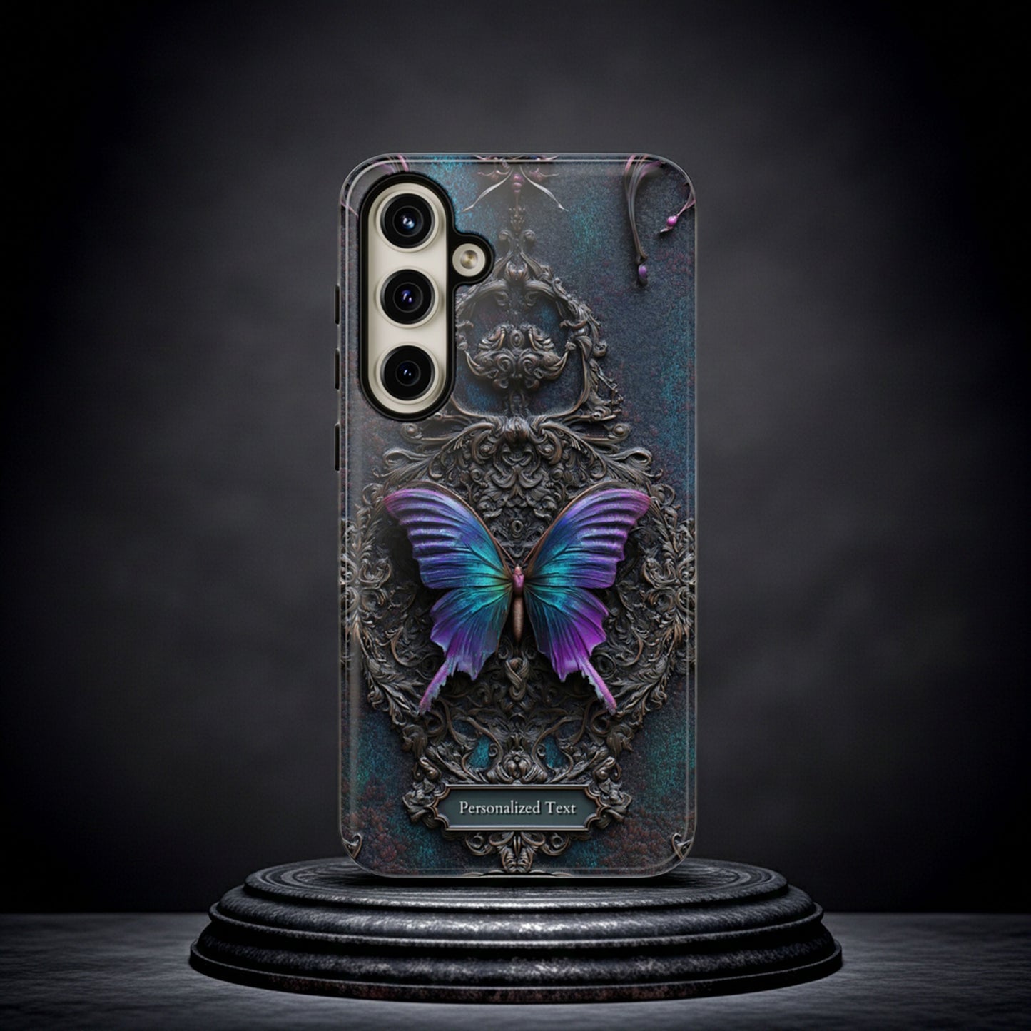 Gothic Butterfly Phone Case - Purple and Teal Wings on Ornate Frame - Personalized Text Available (MATTE VERSION)