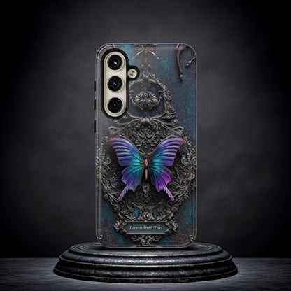 Gothic Butterfly Phone Case - Purple and Teal Wings on Ornate Frame - Personalized Text Available (GLOSSY VERSION)
