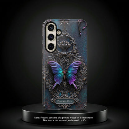 Gothic Butterfly Phone Case - Purple and Teal Wings on Ornate Frame - Personalized Text Available (GLOSSY VERSION)