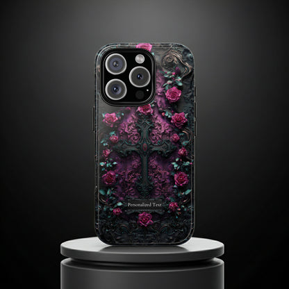 Gothic Rose Cross Phone Case - Dark Floral Baroque Design with Personalization Option (GLOSSY FINISH)