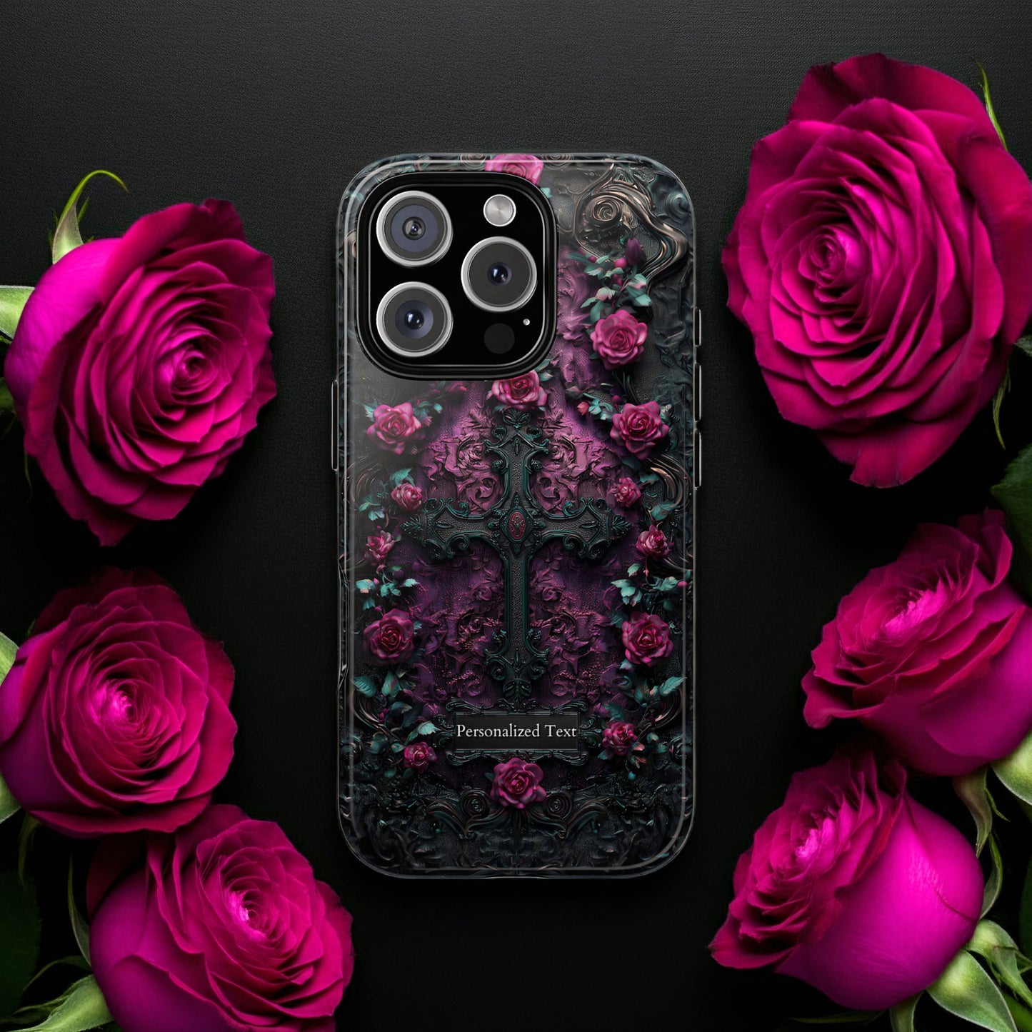 Gothic Rose Cross Phone Case - Dark Floral Baroque Design with Personalization Option (MATTE FINISH)