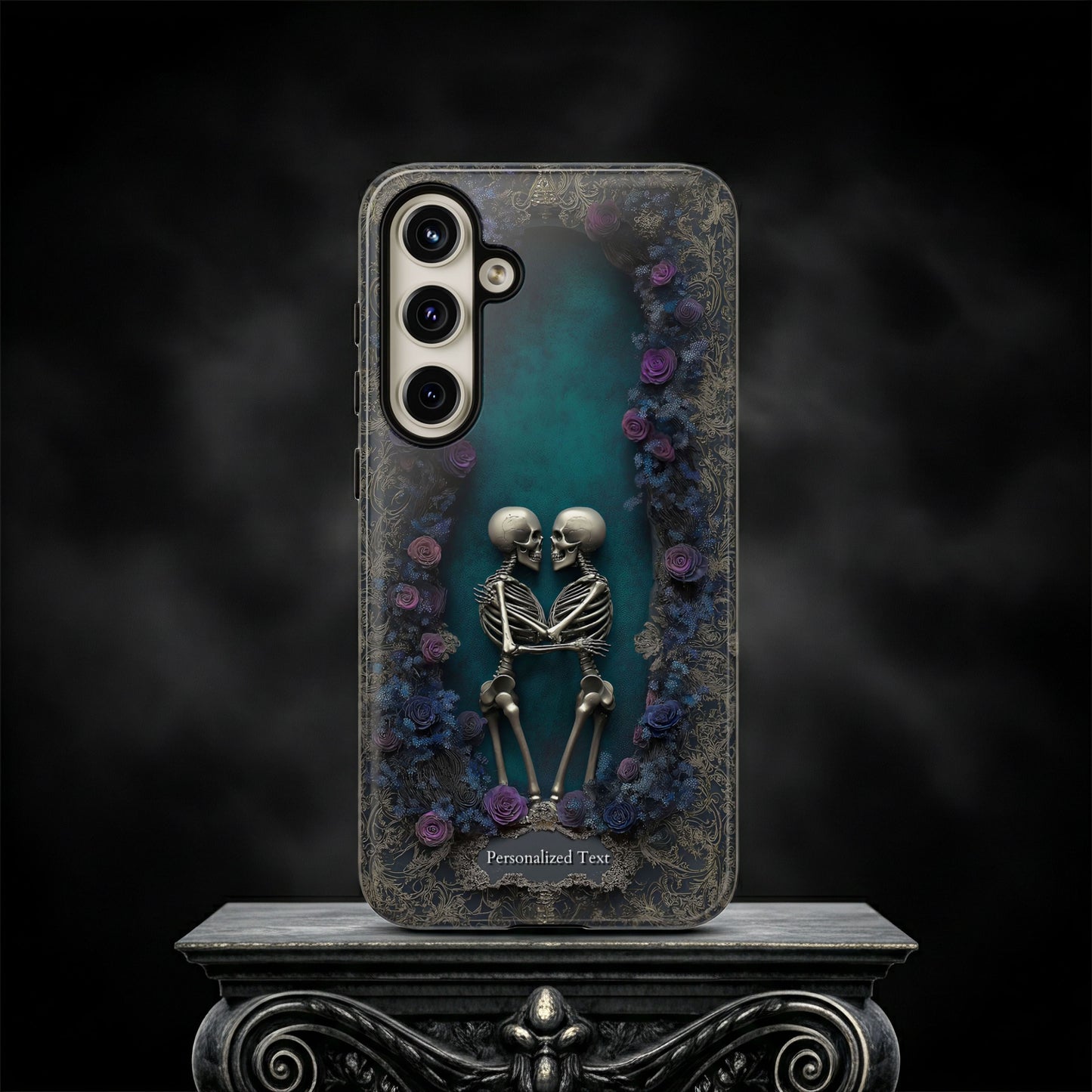Eternal Lovers Skeleton Phone Case - Gothic Romance Design with Roses and Personalized Text Option (MATTE FINISH)