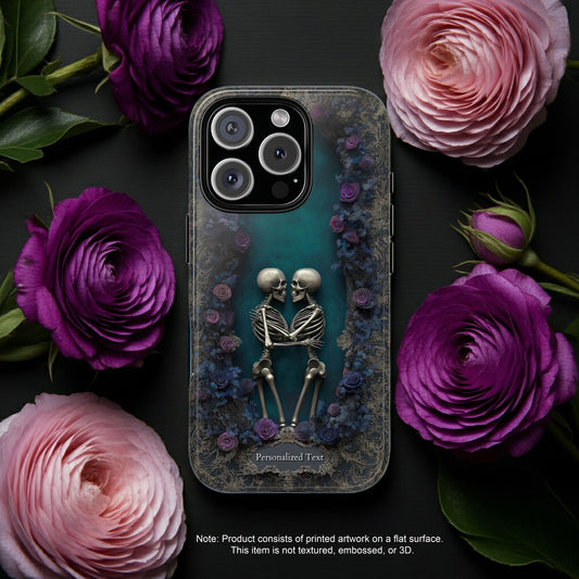 Eternal Lovers Skeleton Phone Case - Gothic Romance Design with Roses and Personalized Text Option (MATTE FINISH)