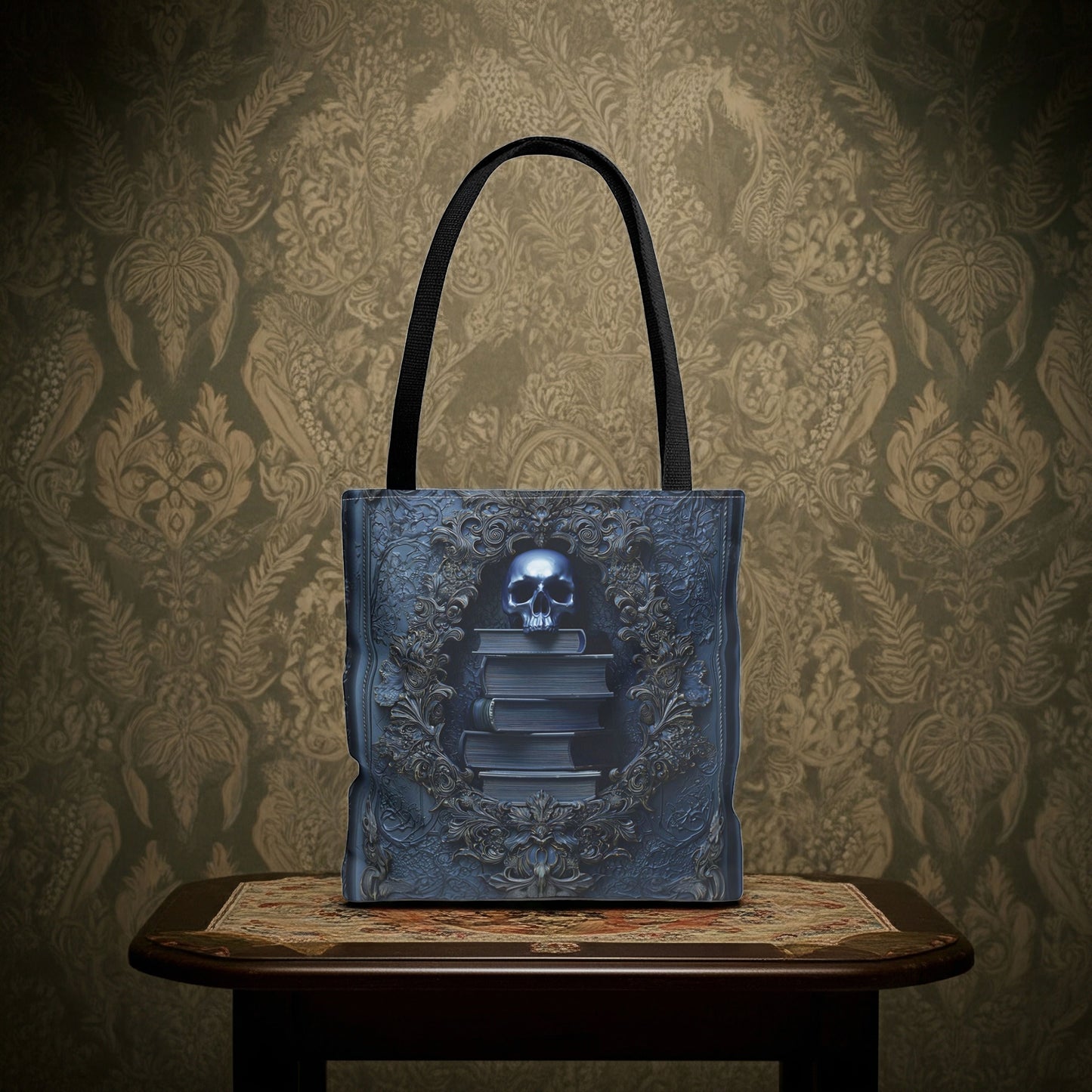 Personalized Gothic Skull and Books Tote Bag - Dark Academia Aesthetic