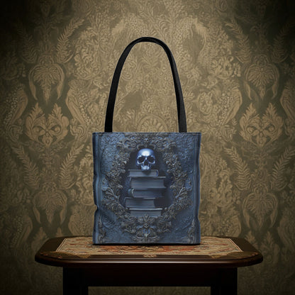 Personalized Gothic Skull and Books Tote Bag - Dark Academia Aesthetic