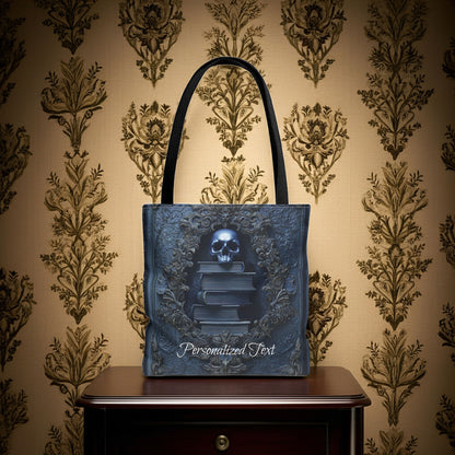 Personalized Gothic Skull and Books Tote Bag - Dark Academia Aesthetic