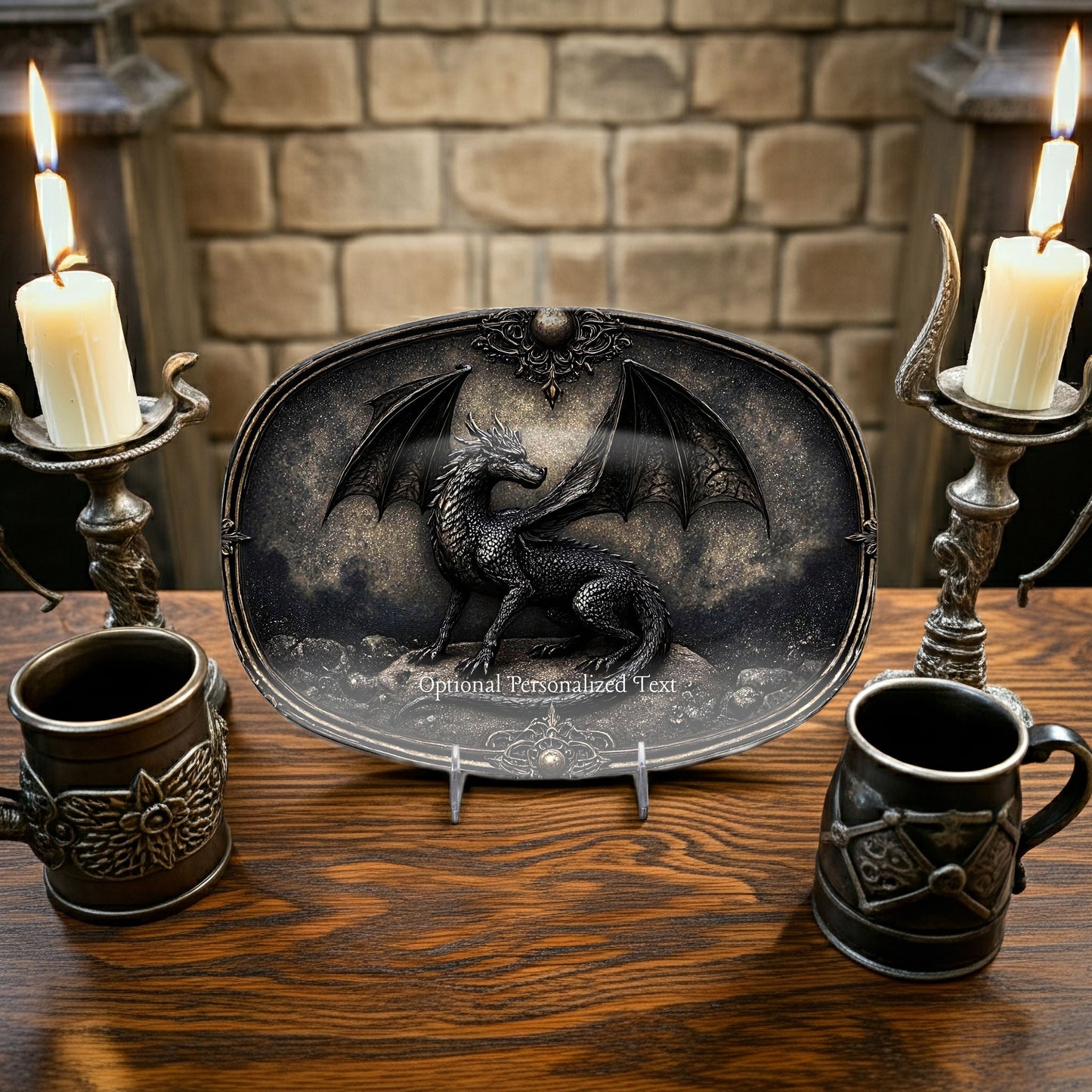 Black Dragon Fantasy Platter – Gothic Dragon Tray with Optional Personalized Text