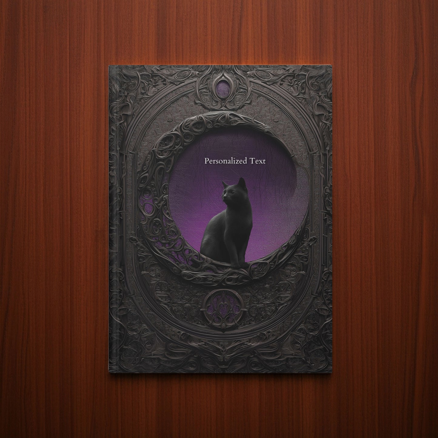 Gothic Black Cat Journal – Dark Fantasy Moon Notebook with Optional Personalized Text