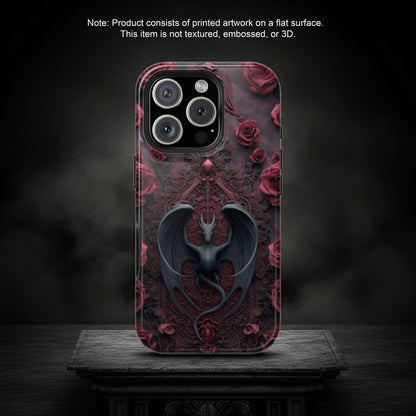 Gothic Dragon Rose Phone Case – Dark Fantasy Dragon with Crimson Roses and Optional Personalized Text