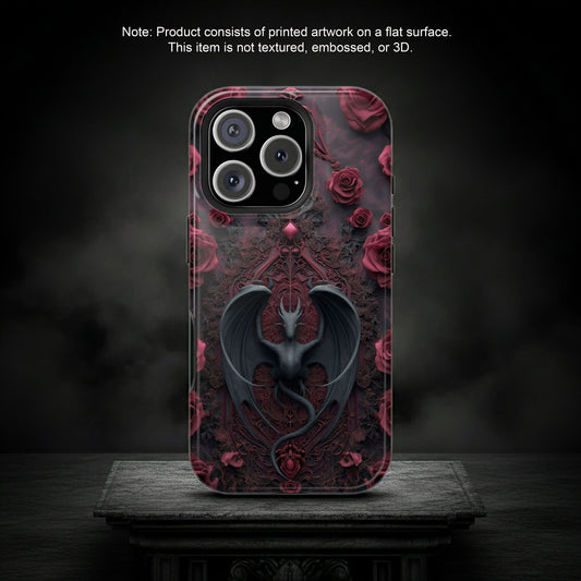 Gothic Dragon Rose Phone Case – Dark Fantasy Dragon with Crimson Roses and Optional Personalized Text
