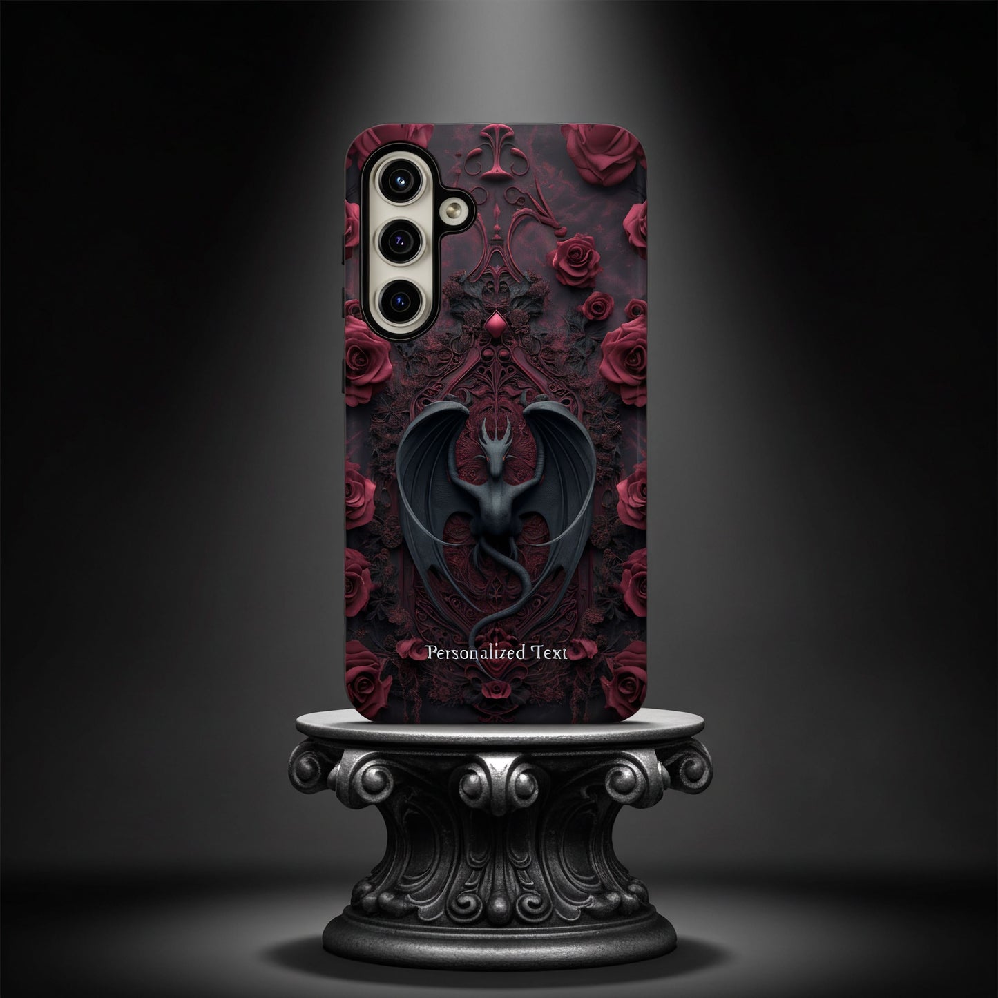 Gothic Dragon Rose Phone Case – Dark Fantasy Dragon with Crimson Roses and Optional Personalized Text