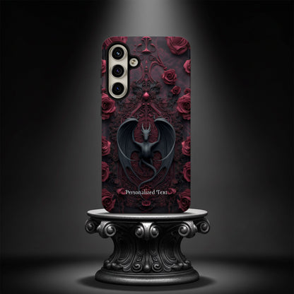 Gothic Dragon Rose Phone Case – Dark Fantasy Dragon with Crimson Roses and Optional Personalized Text