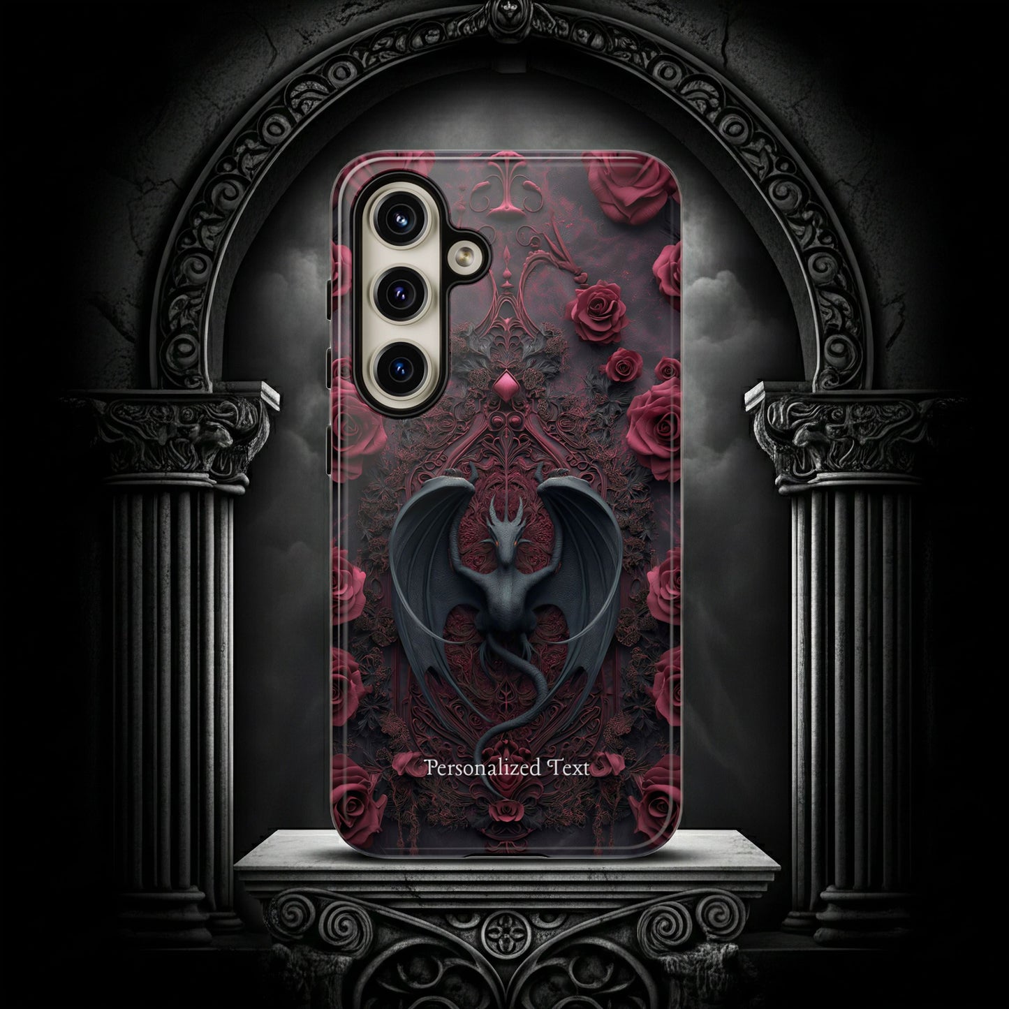 Gothic Dragon Rose Phone Case – Dark Fantasy Dragon with Crimson Roses and Optional Personalized Text