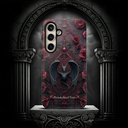 Gothic Dragon Rose Phone Case – Dark Fantasy Dragon with Crimson Roses and Optional Personalized Text
