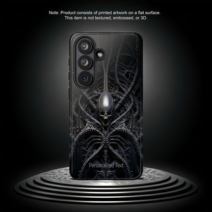 Biomechanical Skull Phone Case – Dark Sci-Fi Gothic Design with Optional Personalized Text