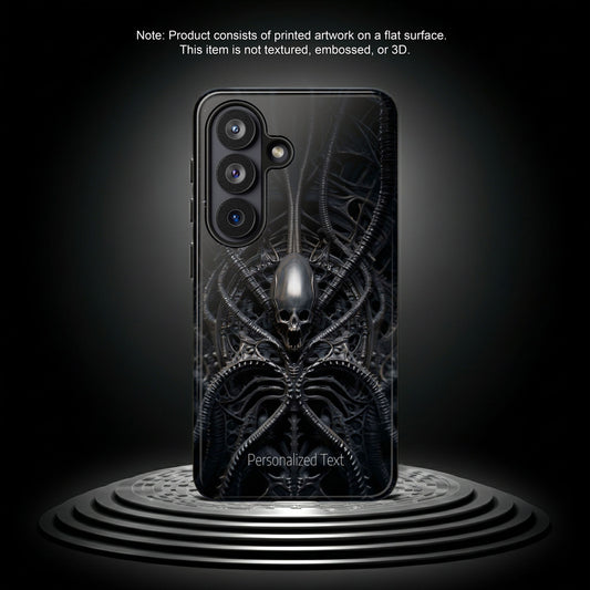 Biomechanical Skull Phone Case – Dark Sci-Fi Gothic Design with Optional Personalized Text