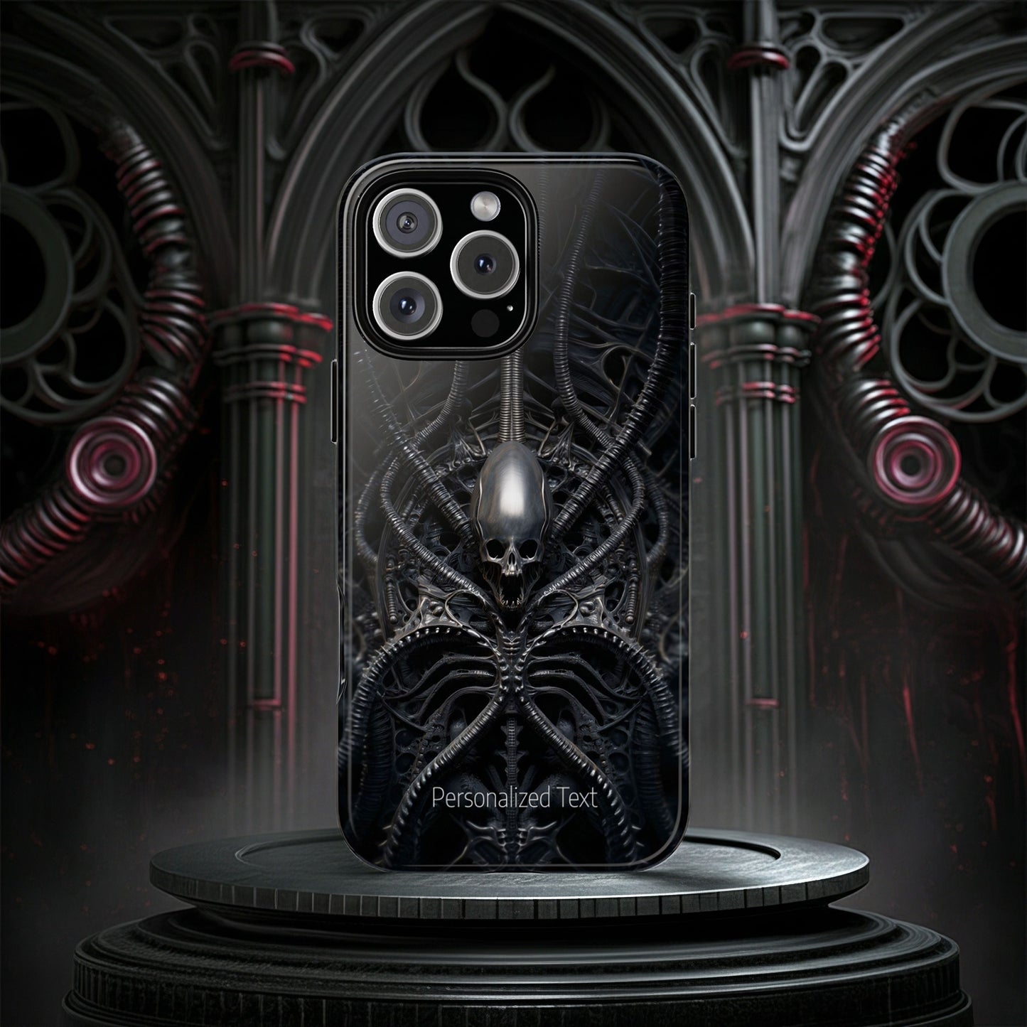 Biomechanical Skull Phone Case – Dark Sci-Fi Gothic Design with Optional Personalized Text