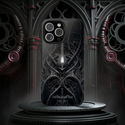 Biomechanical Skull Phone Case – Dark Sci-Fi Gothic Design with Optional Personalized Text