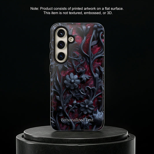 Gothic Floral Phone Case – Dark Red & Black Baroque Botanical Design with Optional Personalized Text