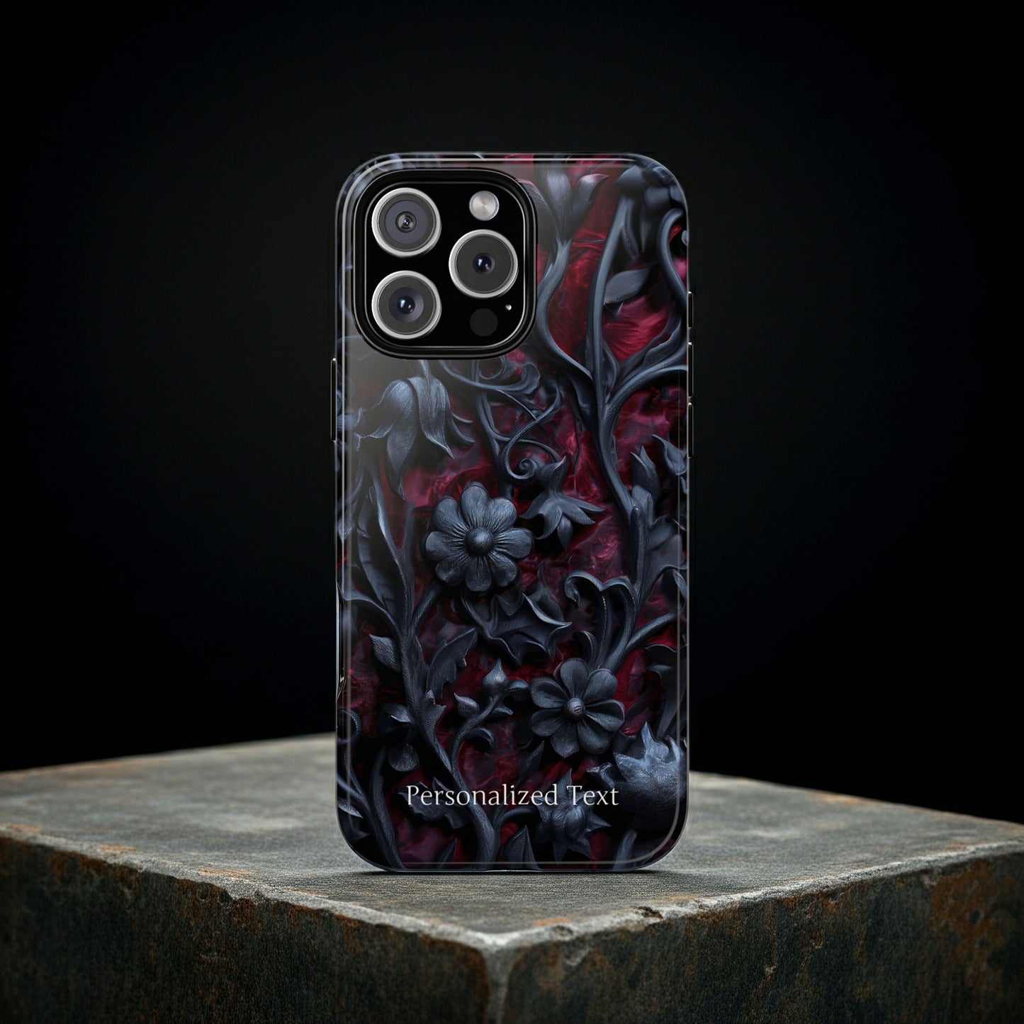 Gothic Floral Phone Case – Dark Red & Black Baroque Botanical Design with Optional Personalized Text