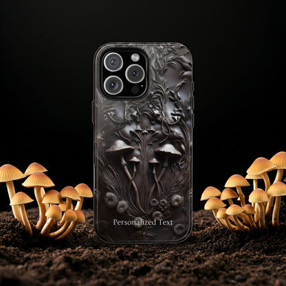Dark Mushroom Phone Case – Gothic Forest Fungi Design with Optional Personalized Text, Naturecore Aesthetic Cover