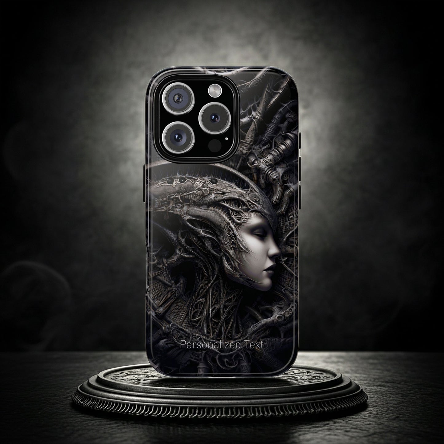 Biomechanical Gothic Phone Case – Dark Sci-Fi Alien Queen Portrait with Optional Personalized Text