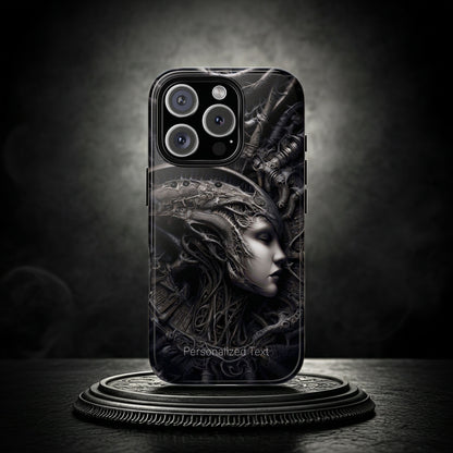 Biomechanical Gothic Phone Case – Dark Sci-Fi Alien Queen Portrait with Optional Personalized Text
