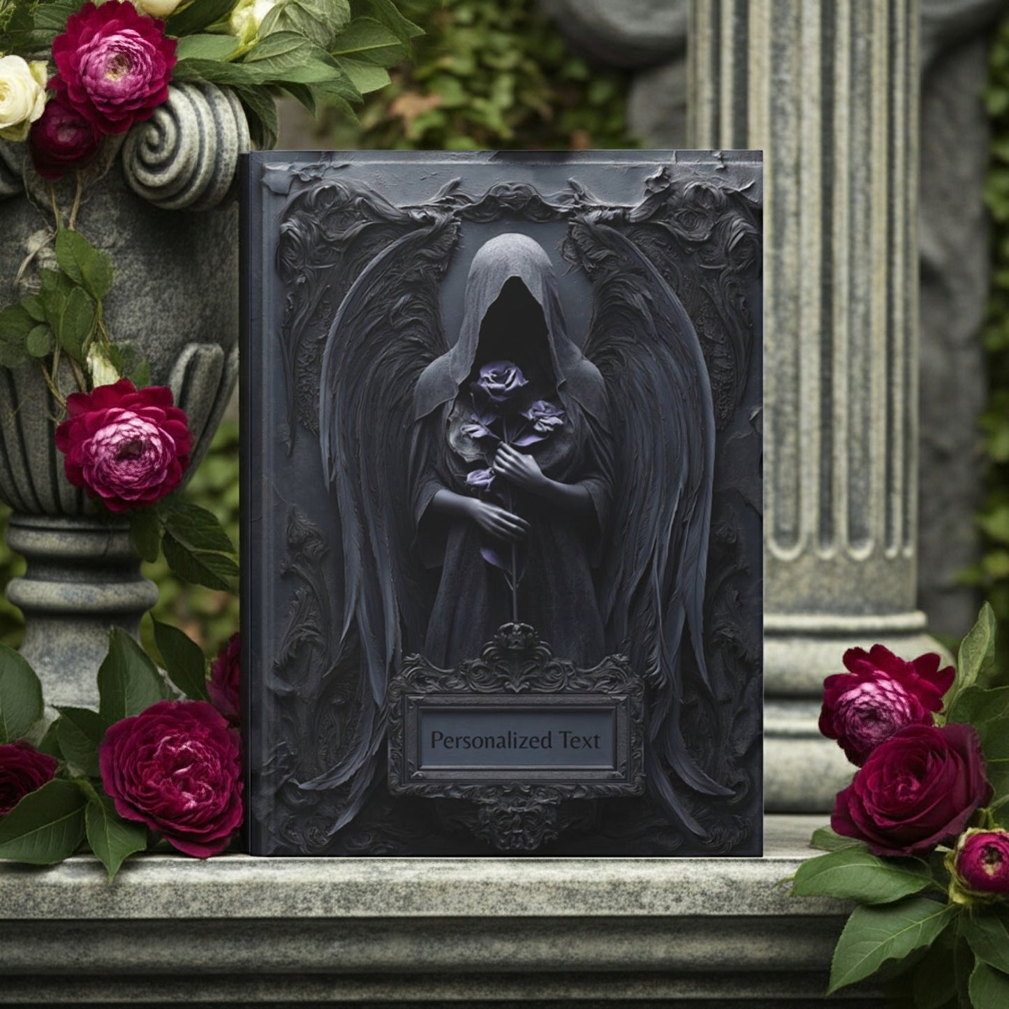 Gothic Dark Angel Journal – Grim Reaper Aesthetic Notebook with Black Wings & Optional Personalized Text