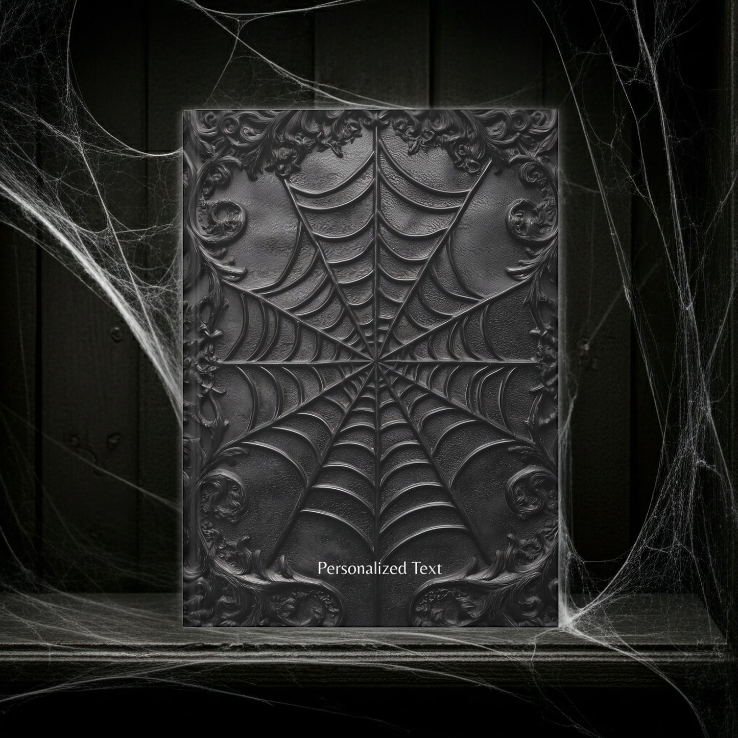Gothic Spiderweb Journal – Dark Aesthetic Notebook with Ornate Black Web Design & Optional Personalized Text