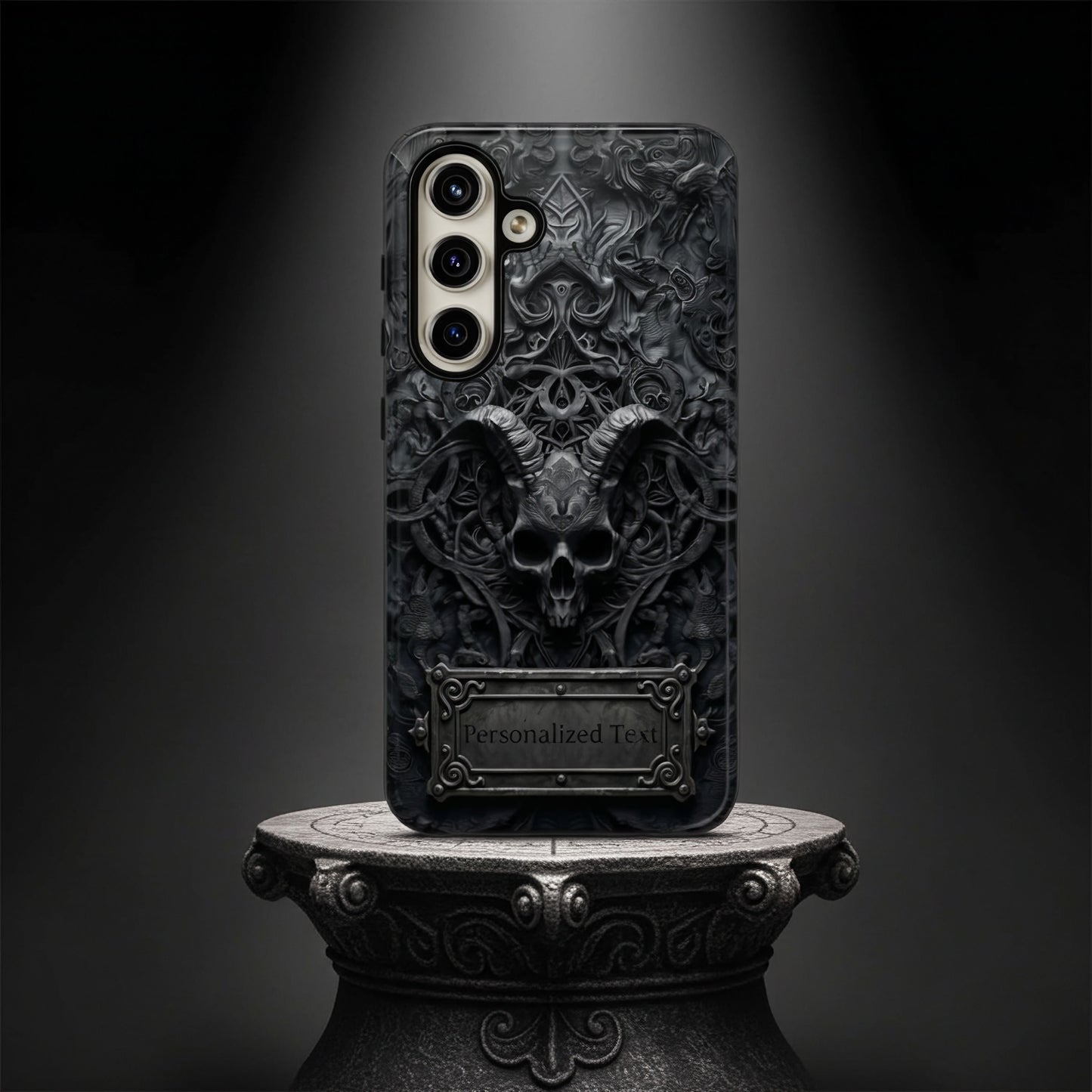 Gothic Demon Skull Phone Case – Dark Occult Horned Skull Art with Optional Personalized Text