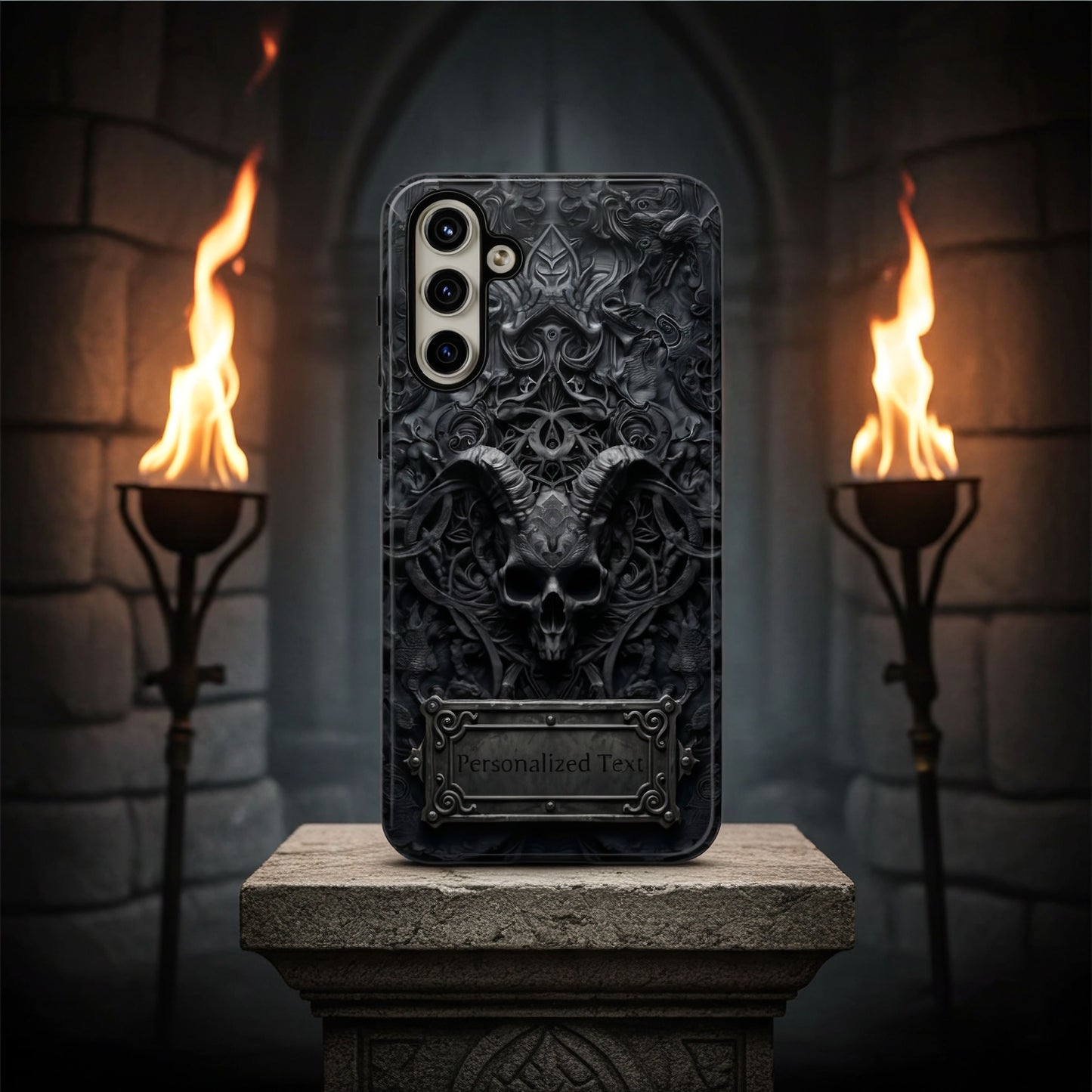 Gothic Demon Skull Phone Case – Dark Occult Horned Skull Art with Optional Personalized Text