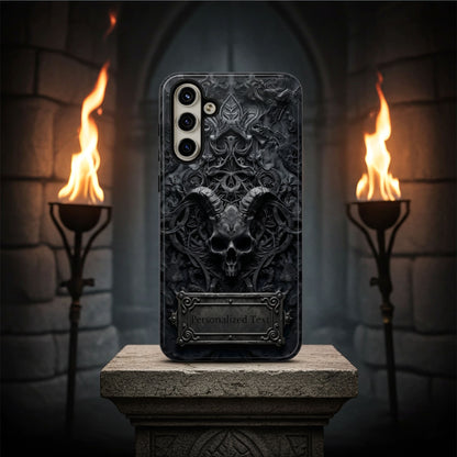 Gothic Demon Skull Phone Case – Dark Occult Horned Skull Art with Optional Personalized Text