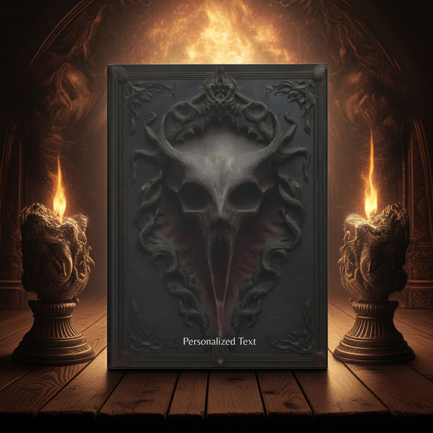 Gothic Horror Skull Journal – Dark Fantasy Demon Skull Notebook with Optional Personalized Text
