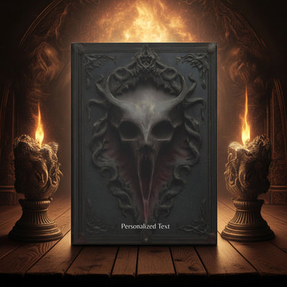 Gothic Horror Skull Journal – Dark Fantasy Demon Skull Notebook with Optional Personalized Text