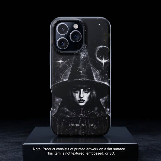 Personalized Gothic Witch Phone Case – Black and White Celestial Witch Art for iPhone, Samsung Galaxy & Google Pixel