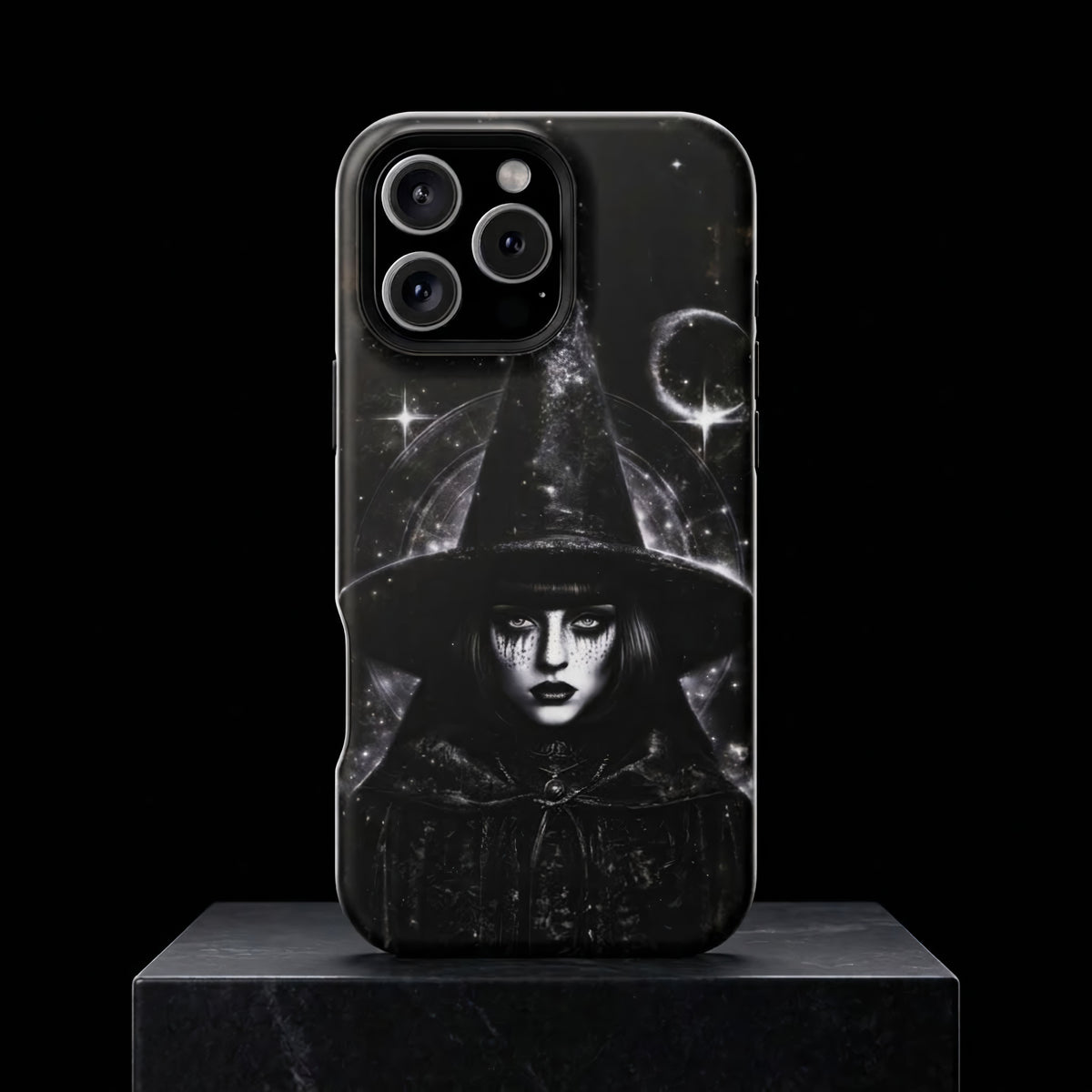Personalized Gothic Witch Phone Case – Black and White Celestial Witch Art for iPhone, Samsung Galaxy & Google Pixel