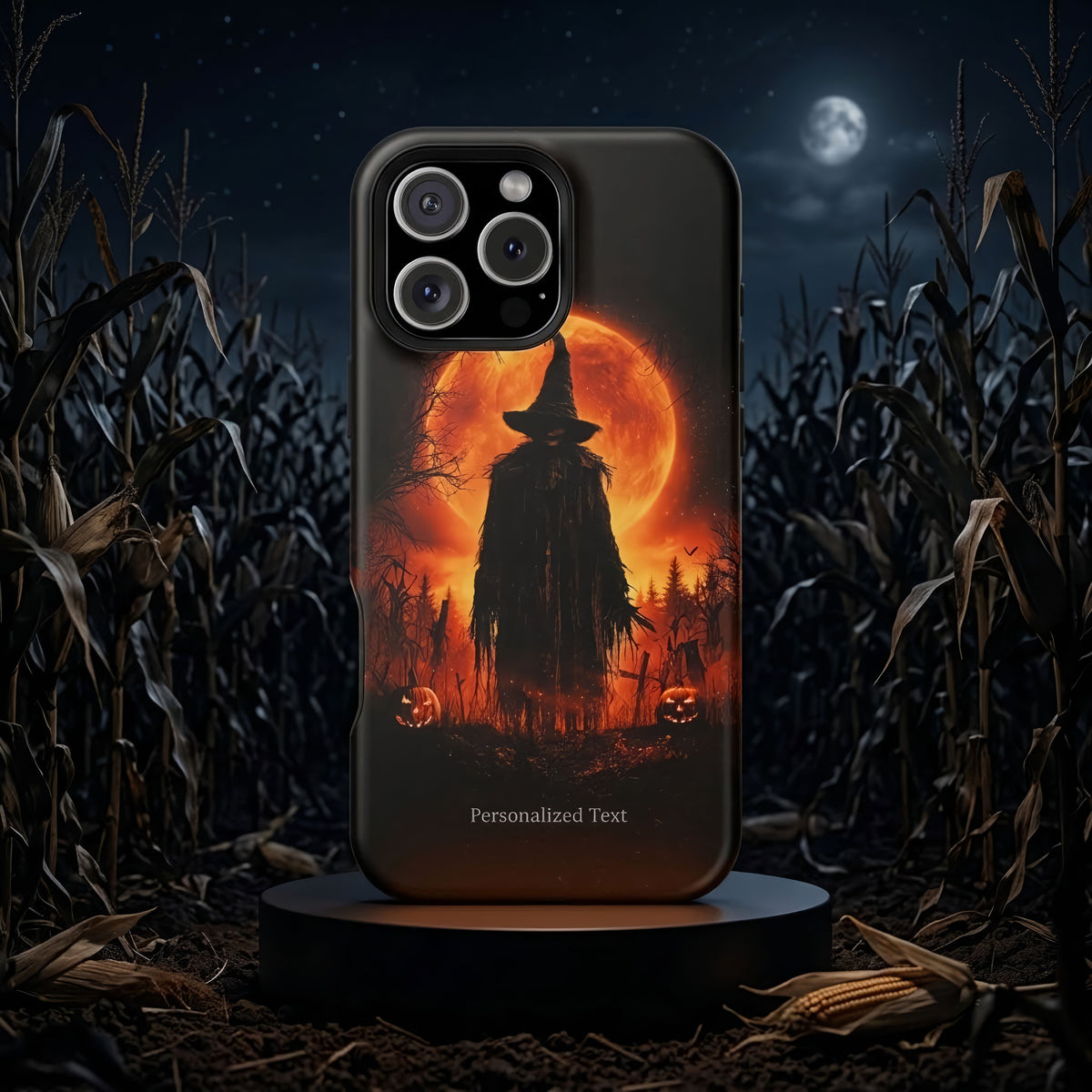 Personalized Halloween Scarecrow Phone Case – Orange Full Moon Witchcraft Art, Spooky Gothic Case for iPhone, Samsung Galaxy & Google Pixel